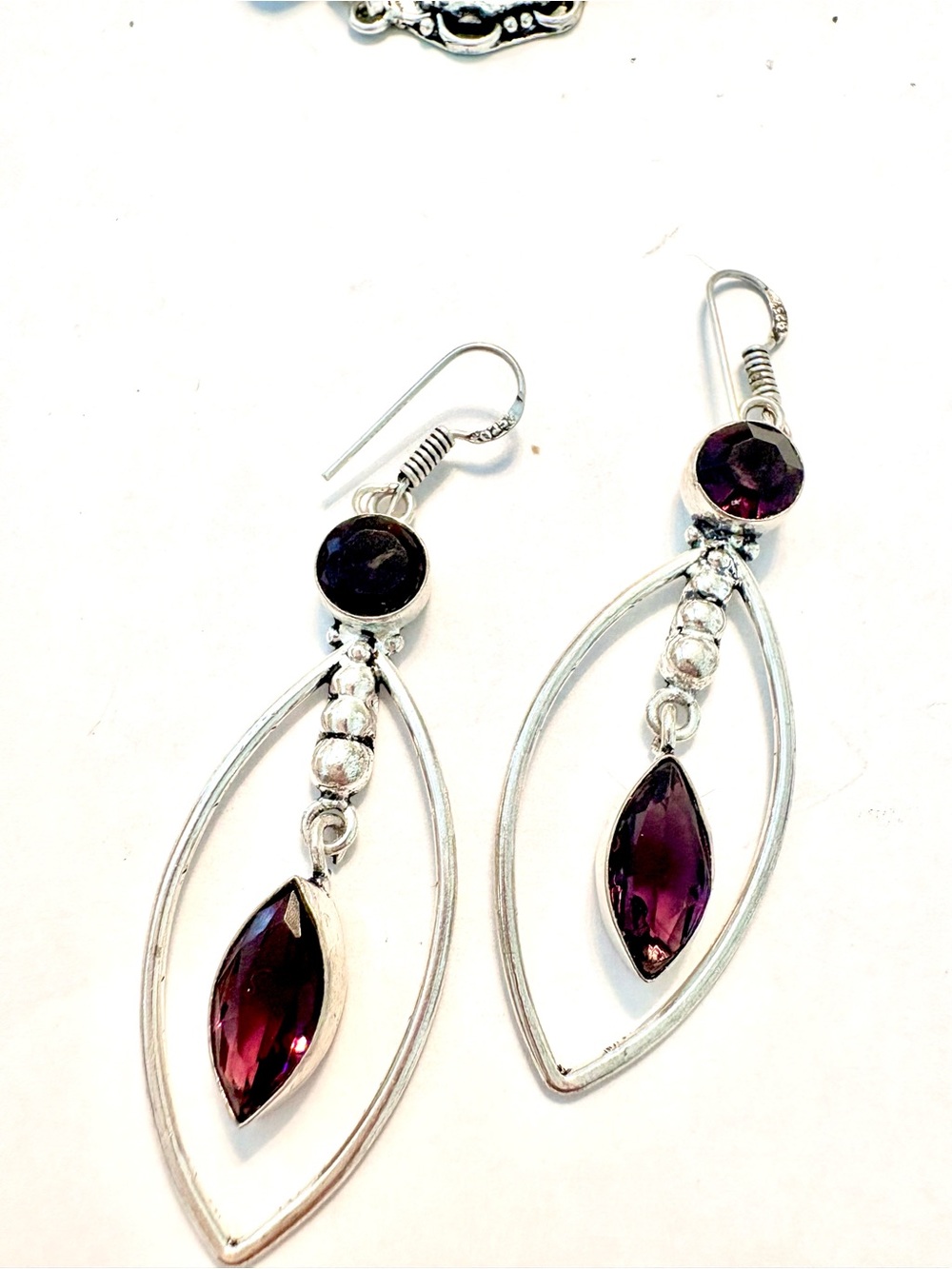 2 1/2 inch, 925 marked, Amethyst gemstones Drop Dangle earrings.